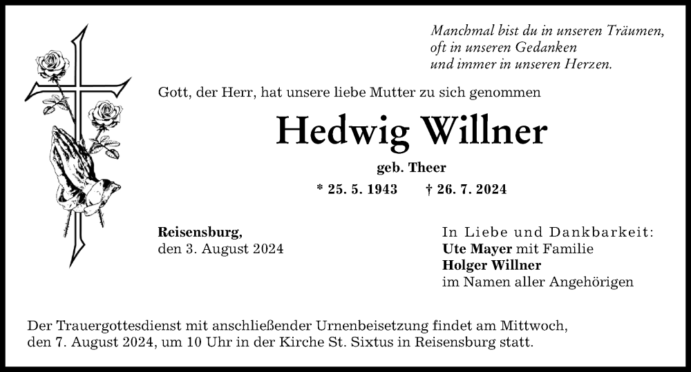 Traueranzeige von Hedwig Willner von Günzburger Zeitung