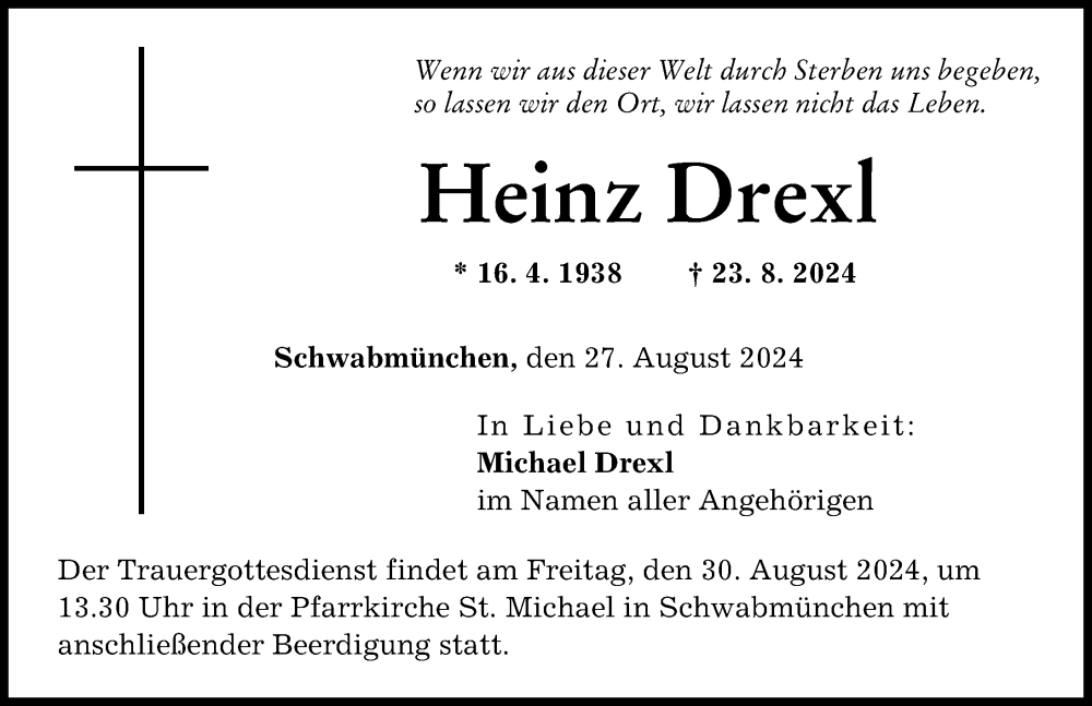 Traueranzeige von Heinz Drexl von Schwabmünchner Allgemeine