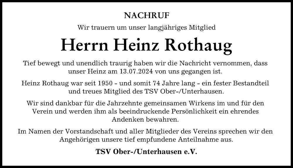 Traueranzeige von Heinz Rothaug von Neuburger Rundschau