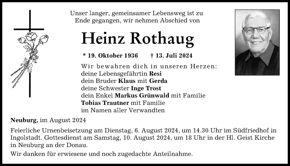 Traueranzeige von Heinz Rothaug von Neuburger Rundschau