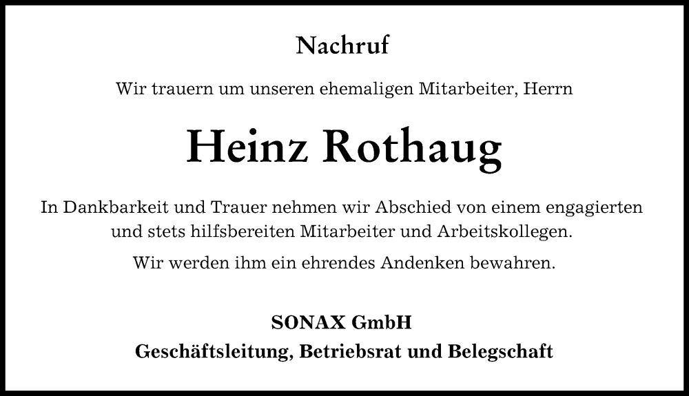 Traueranzeige von Heinz Rothaug von Neuburger Rundschau