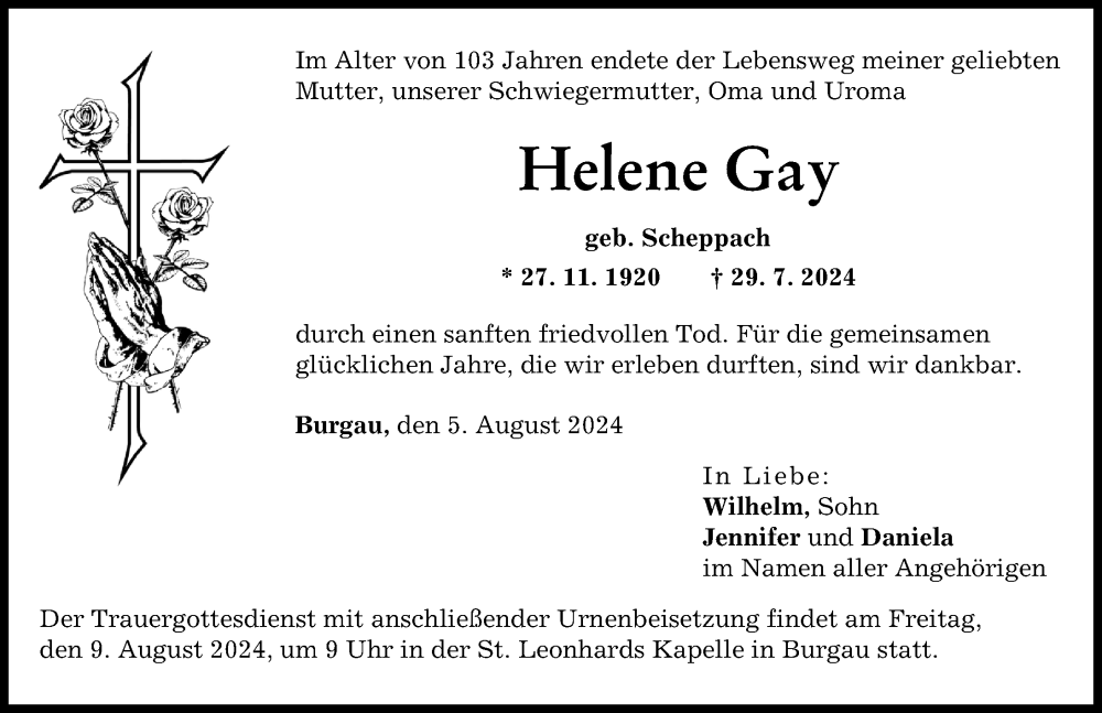 Traueranzeige von Helene Gay von Günzburger Zeitung