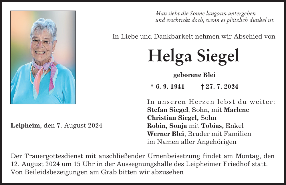 Traueranzeige von Helga Siegel von Günzburger Zeitung