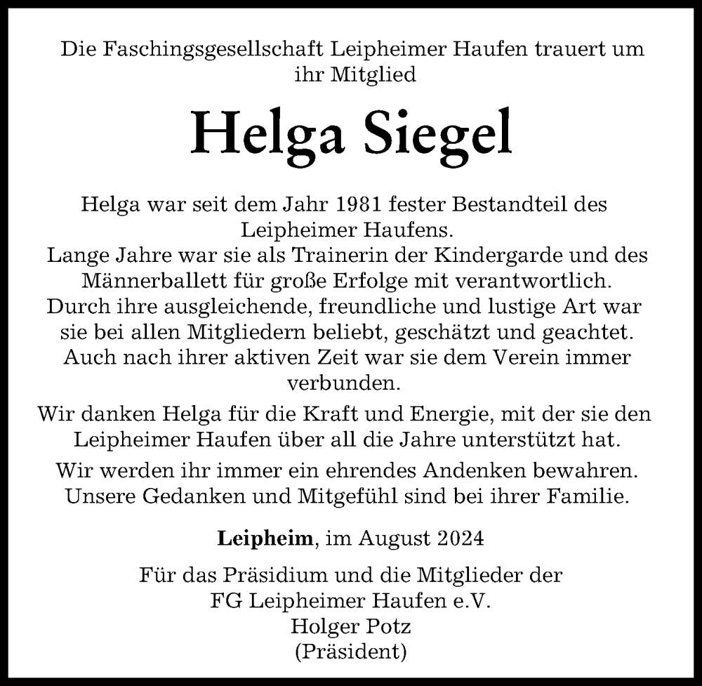 Traueranzeige von Helga Siegel von Günzburger Zeitung