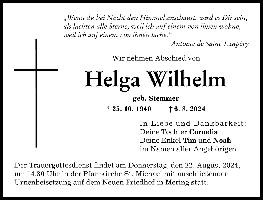 Traueranzeige von Helga Wilhelm von Friedberger Allgemeine