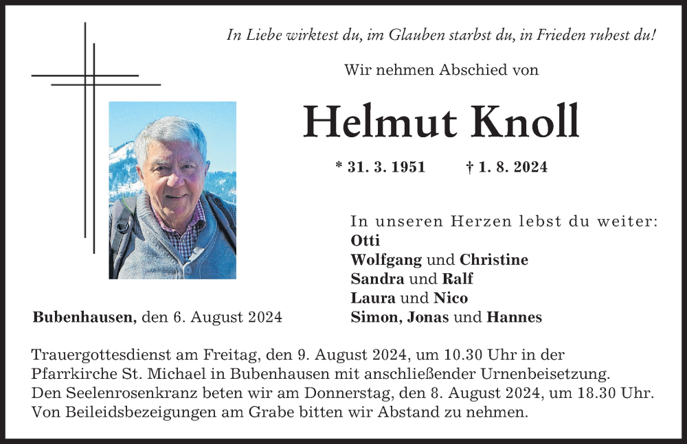  Traueranzeige für Helmut Knoll vom 06.08.2024 aus Neu-Ulmer Zeitung