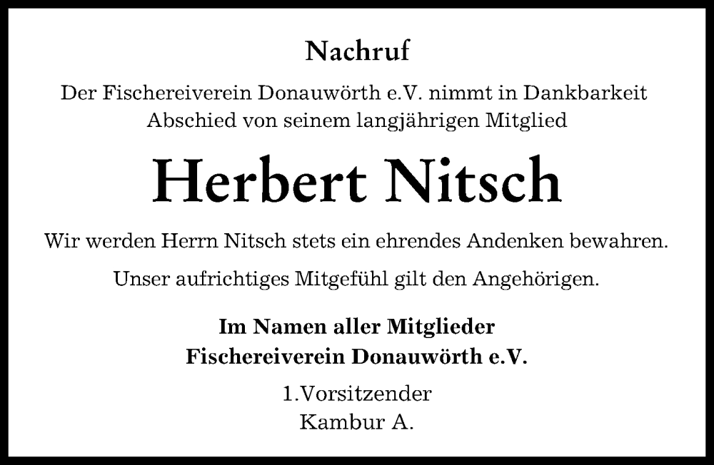 Traueranzeige von Herbert Nitsch von Donauwörther Zeitung