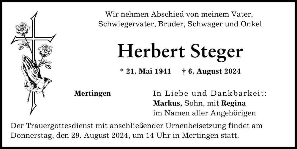 Traueranzeige von Herbert Steger von Donauwörther Zeitung