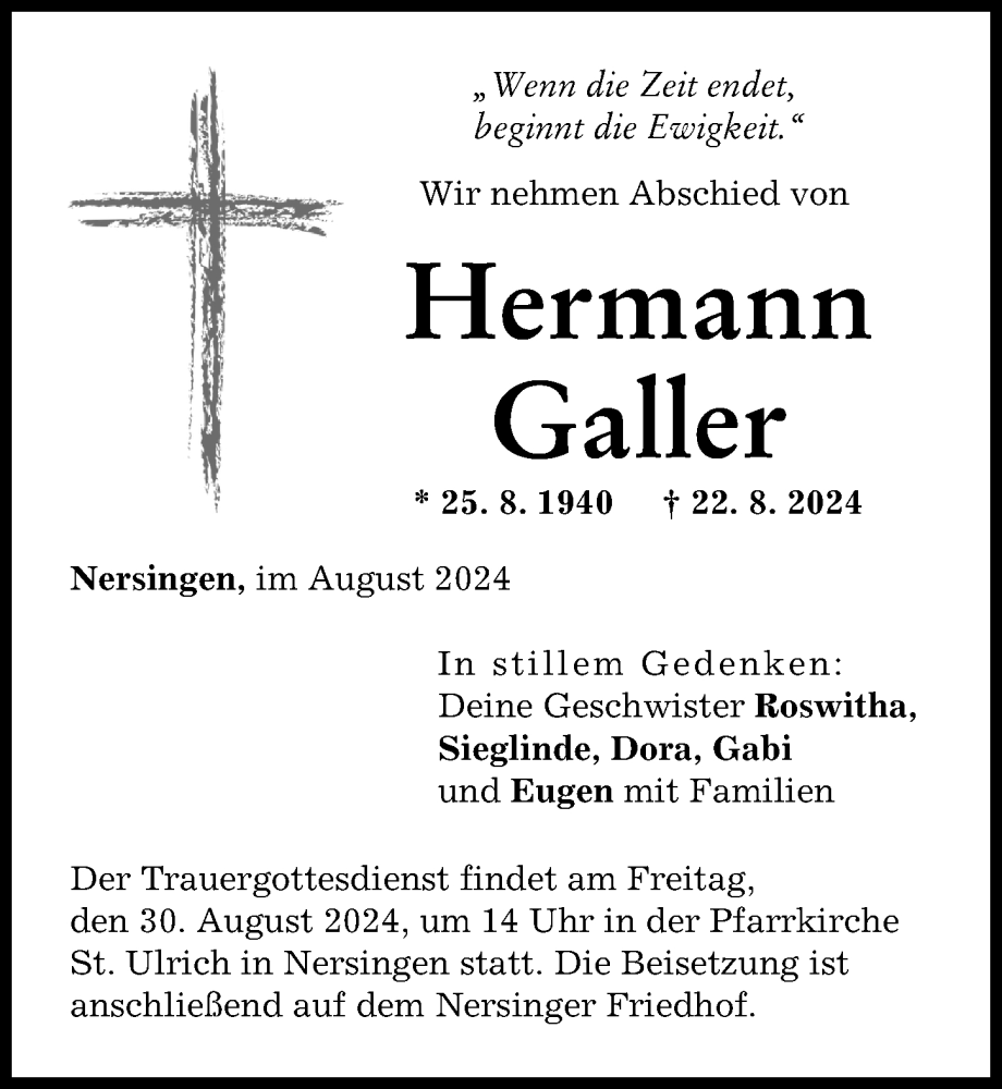 Traueranzeige von Hermann Galler von Neu-Ulmer Zeitung