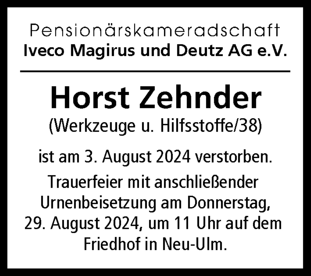 Traueranzeige von Horst Zehnder von Illertisser Zeitung, Günzburger Zeitung, Neu-Ulmer Zeitung