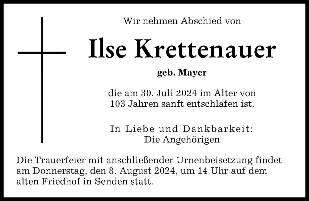 Traueranzeige von Ilse Krettenauer von Neu-Ulmer Zeitung