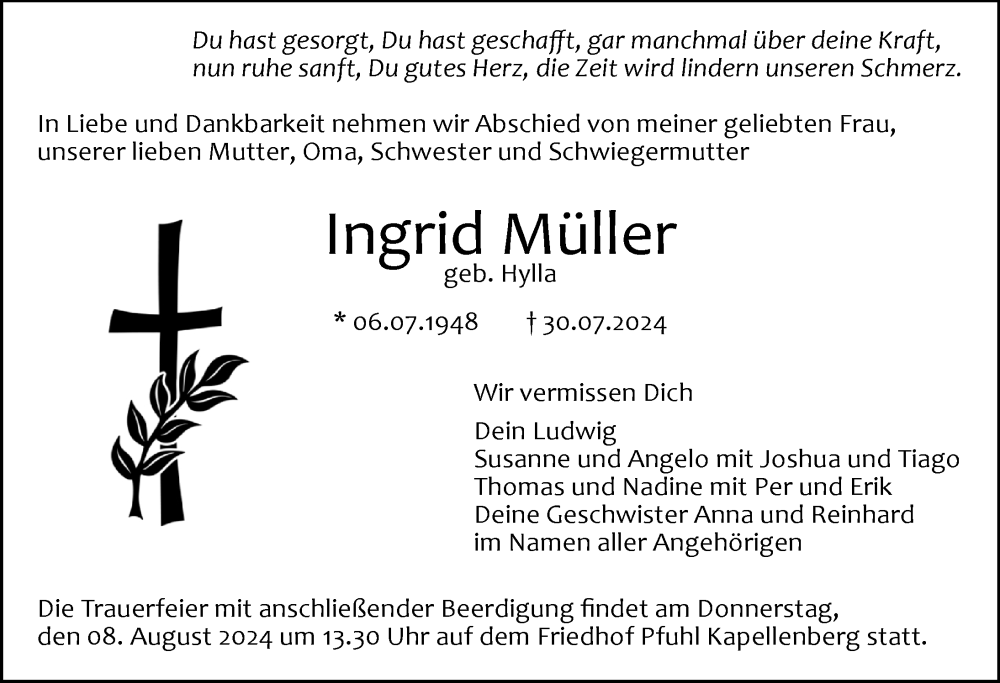 Traueranzeige von Ingrid Müller von Augsburger Allgemeine, Neu-Ulmer Zeitung