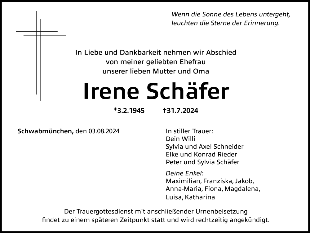 Traueranzeige von Irene Schäfer von Schwabmünchner Allgemeine