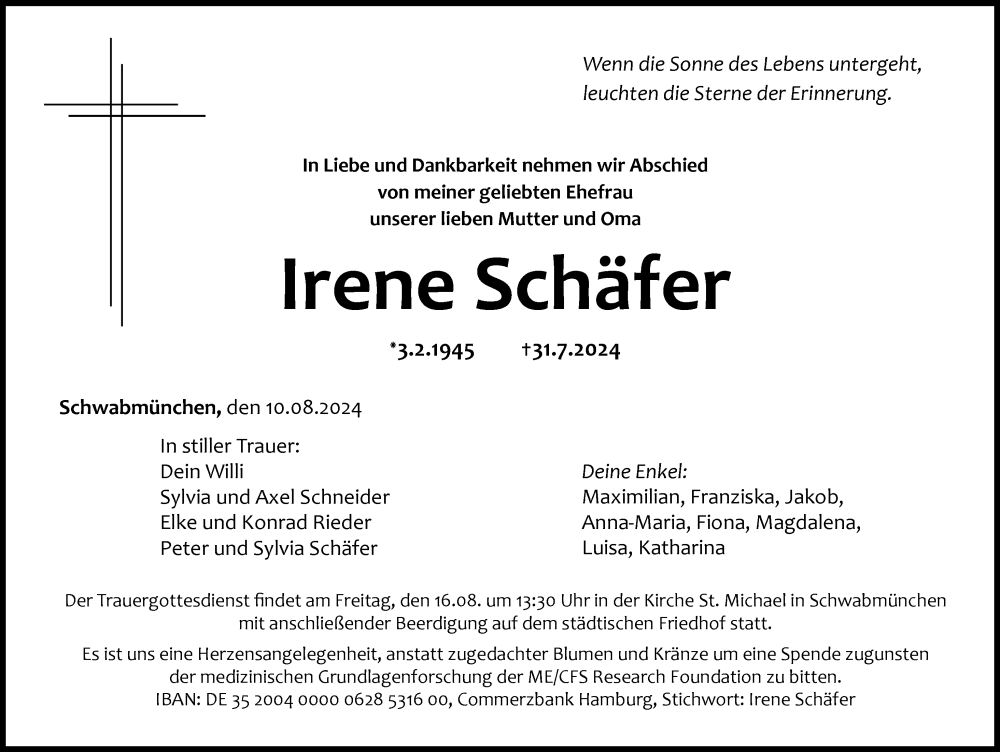 Traueranzeige von Irene Schäfer von Schwabmünchner Allgemeine