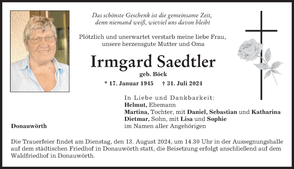 Traueranzeige von Irmgard Saedtler von Donauwörther Zeitung