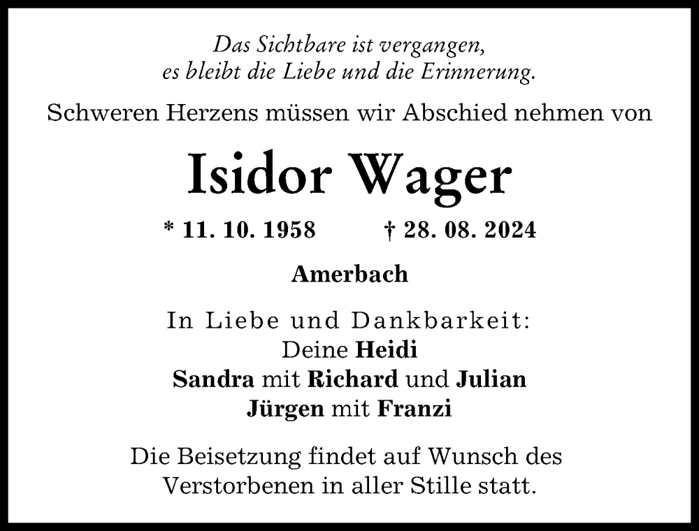 Traueranzeige von Isidor Wager von Donauwörther Zeitung