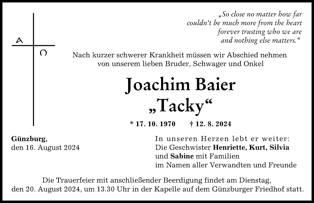  Traueranzeige für Joachim Baier vom 16.08.2024 aus Günzburger Zeitung