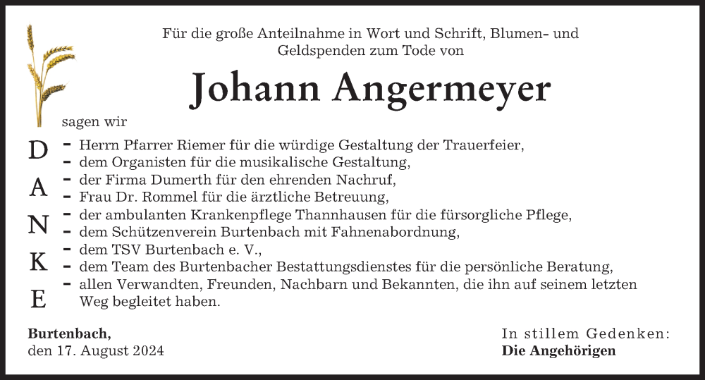 Traueranzeige von Johann Angermeyer von Günzburger Zeitung