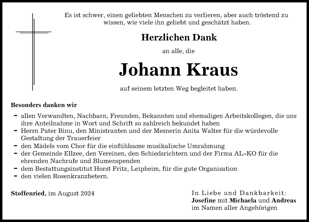 Traueranzeige von Johann Kraus von Mittelschwäbische Nachrichten, Günzburger Zeitung