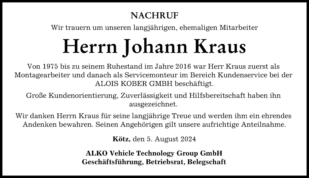 Traueranzeige von Johann Kraus von Günzburger Zeitung, Mittelschwäbische Nachrichten