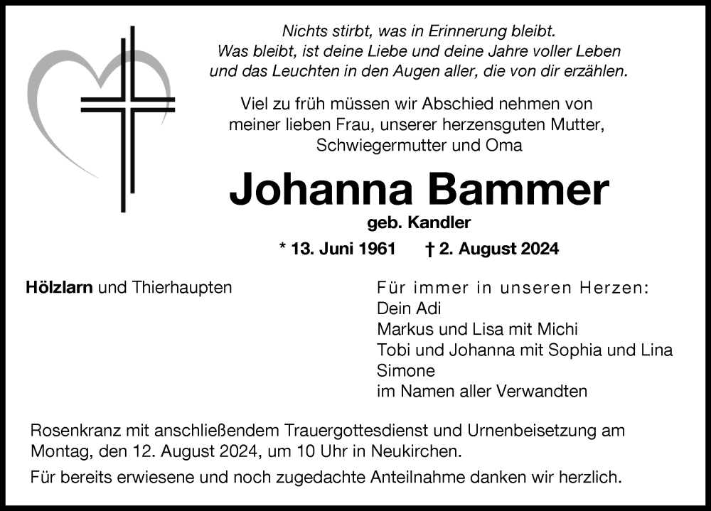 Traueranzeige von Johanna Bammer von Aichacher Nachrichten, Augsburger Allgemeine