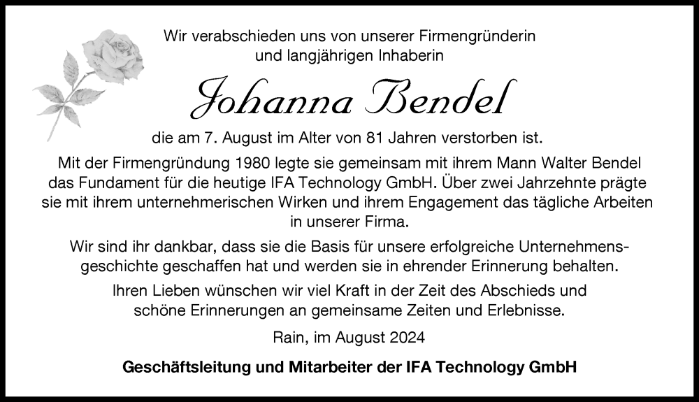 Traueranzeige von Johanna Bendel von Donauwörther Zeitung