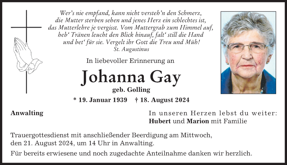 Traueranzeige von Johanna Gay von Aichacher Nachrichten