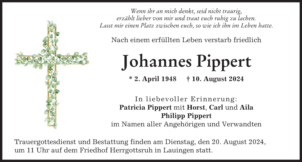 Traueranzeige von Johannes Pippert von Donau Zeitung