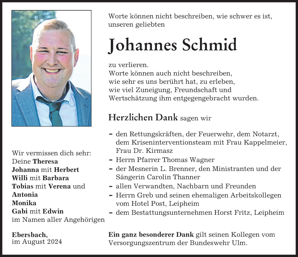 Traueranzeige von Johannes Schmid von Günzburger Zeitung