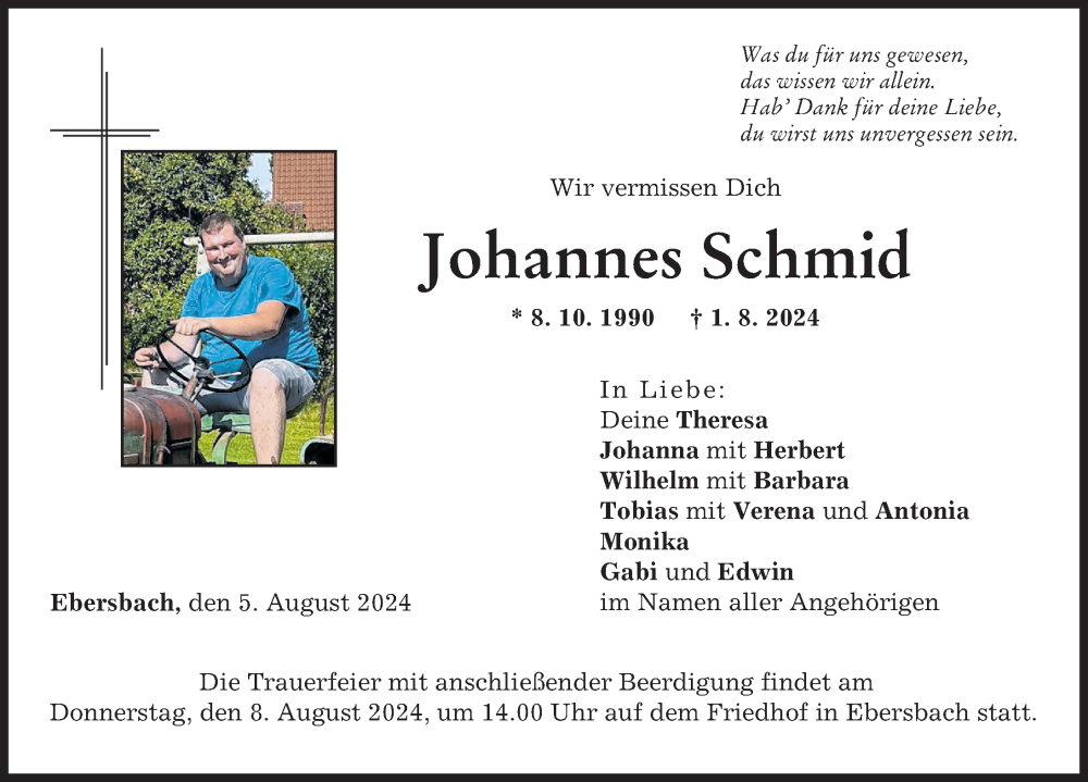  Traueranzeige für Johannes Schmid vom 05.08.2024 aus Günzburger Zeitung