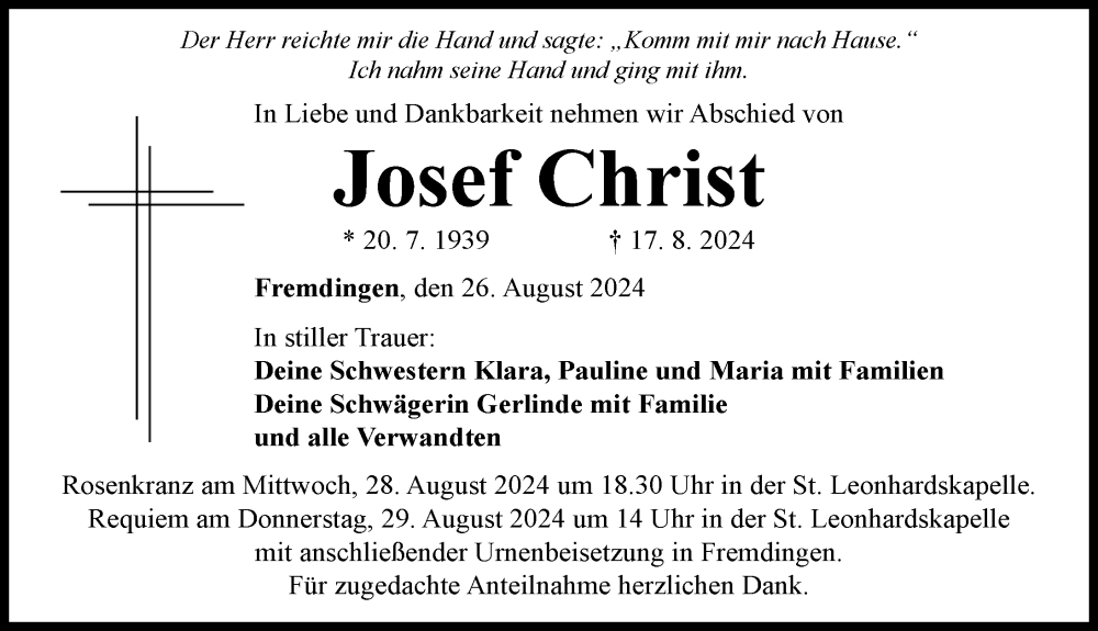 Traueranzeige von Josef Christ von Rieser Nachrichten