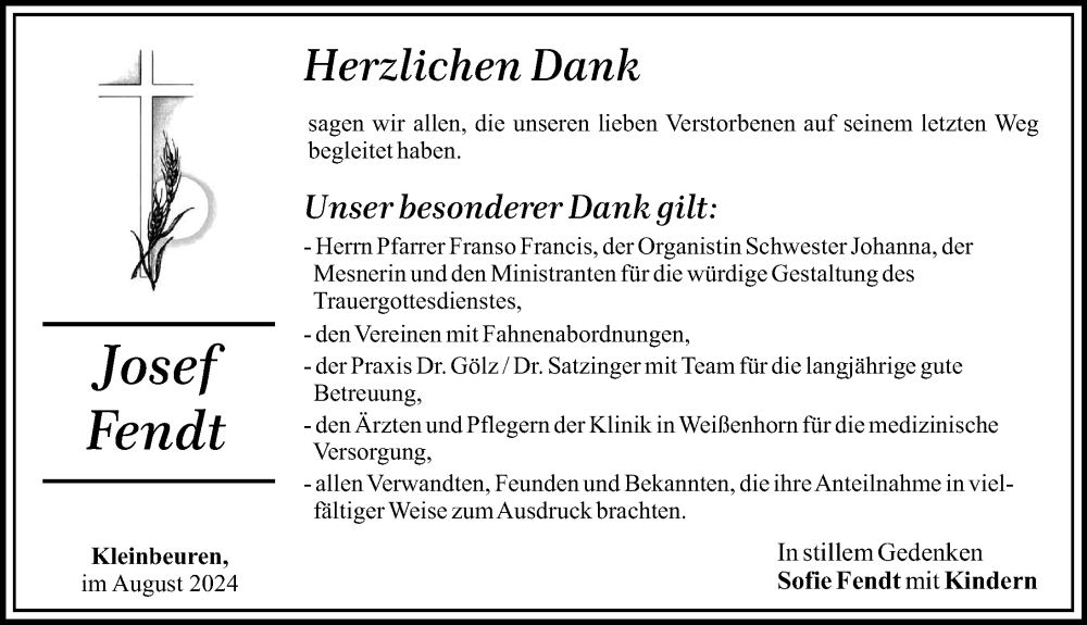 Traueranzeige von Josef Fendt von Günzburger Zeitung