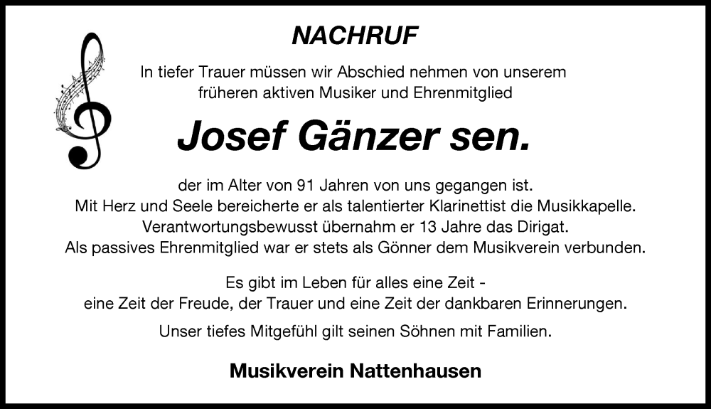 Traueranzeige von Josef Gänzer von Mittelschwäbische Nachrichten