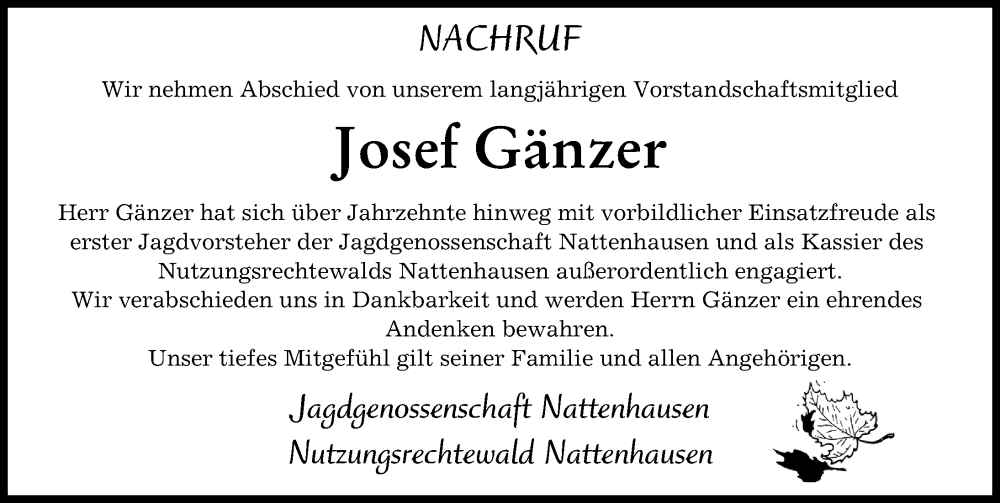 Traueranzeige von Josef Gänzer von Mittelschwäbische Nachrichten