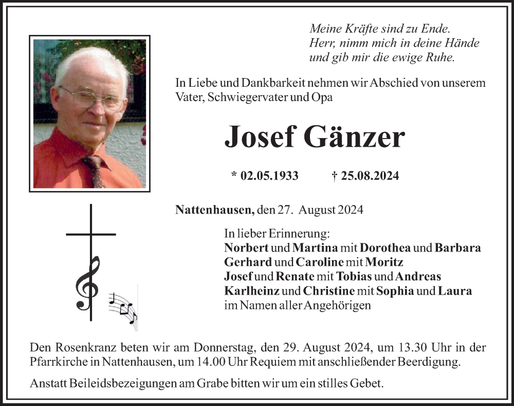  Traueranzeige für Josef Gänzer vom 27.08.2024 aus Mittelschwäbische Nachrichten