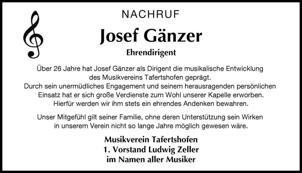 Traueranzeige von Josef Gänzer von Mittelschwäbische Nachrichten