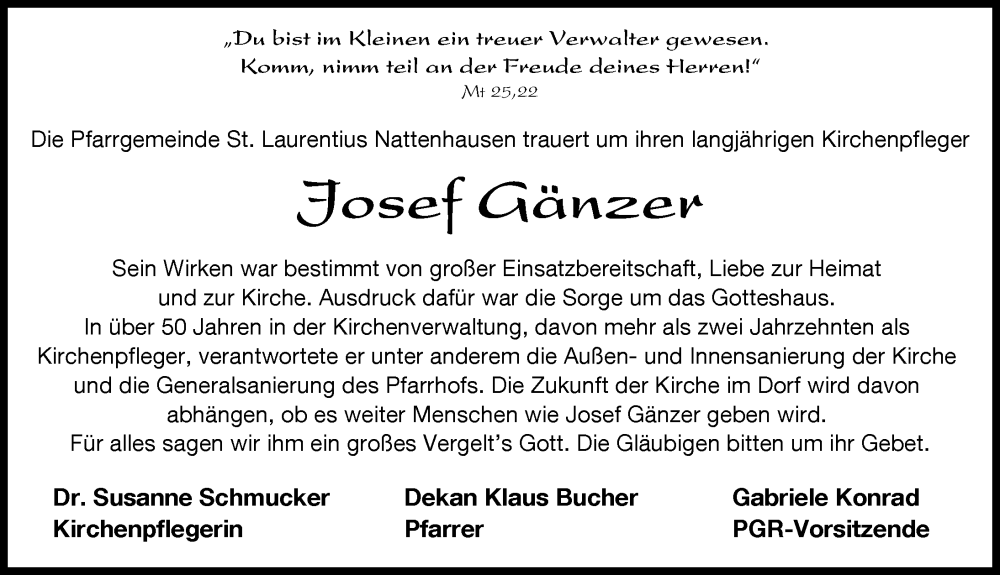  Traueranzeige für Josef Gänzer vom 27.08.2024 aus Mittelschwäbische Nachrichten