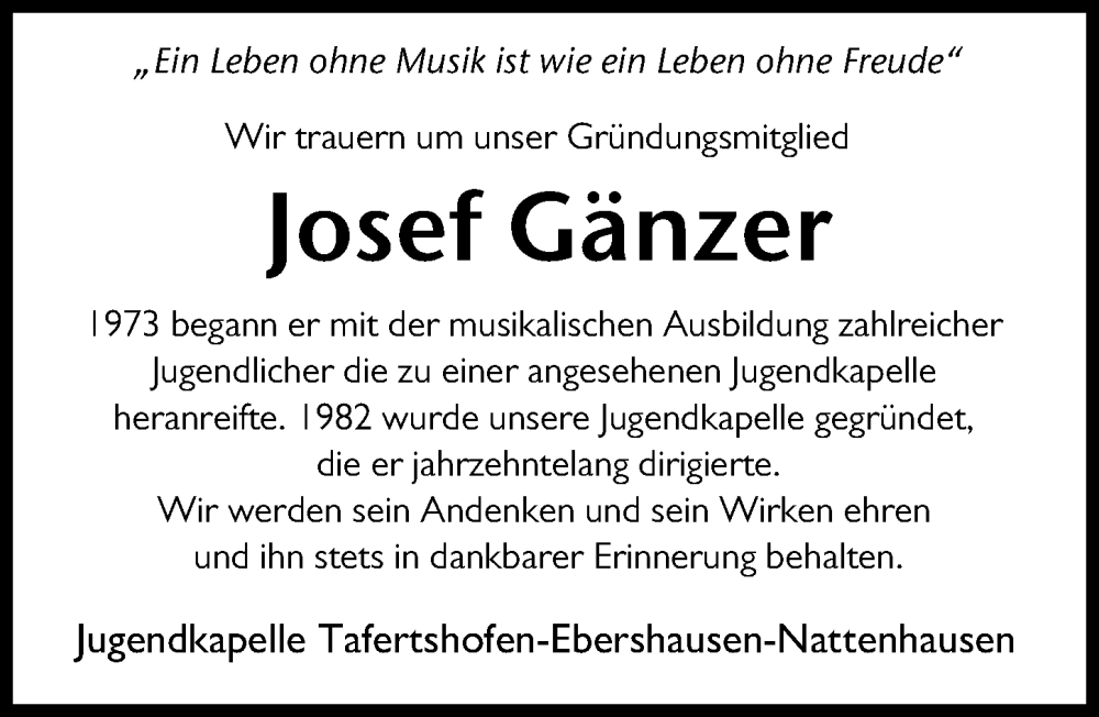 Traueranzeige von Josef Gänzer von Mittelschwäbische Nachrichten