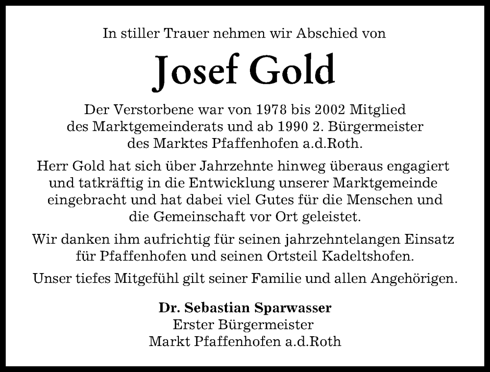 Traueranzeige von Josef Gold von Neu-Ulmer Zeitung