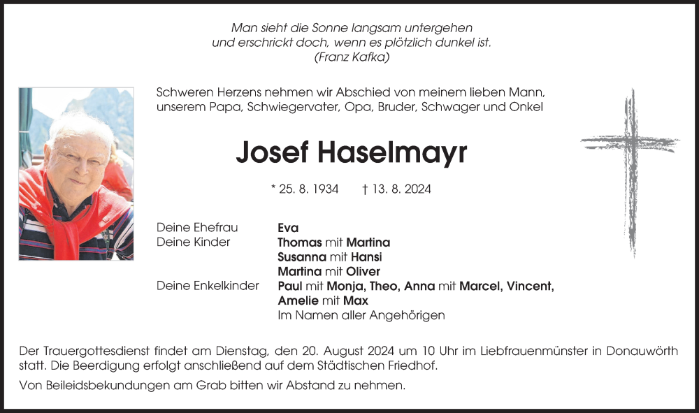 Traueranzeige von Josef Haselmayr von Donauwörther Zeitung