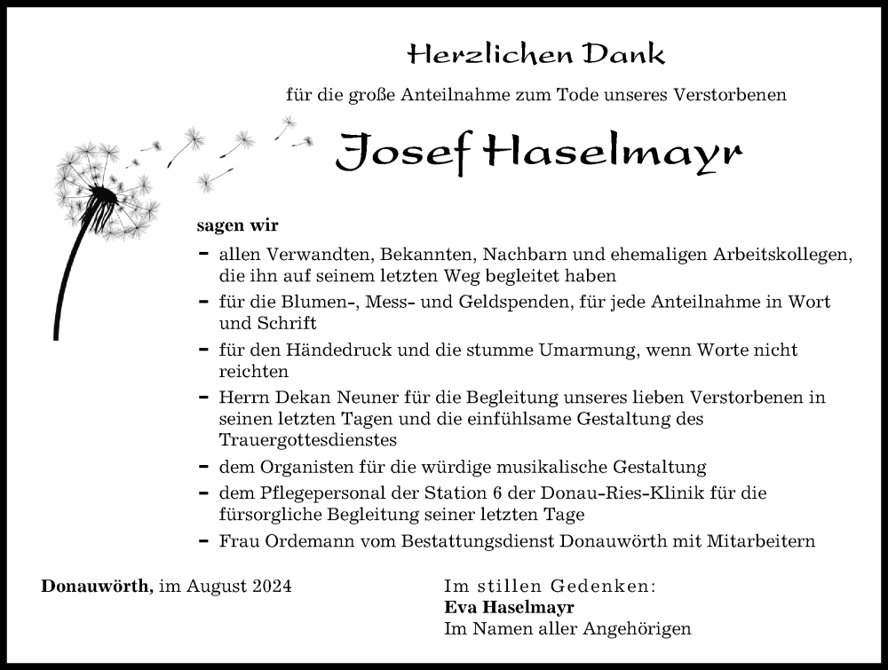 Traueranzeige von Josef Haselmayr von Donauwörther Zeitung