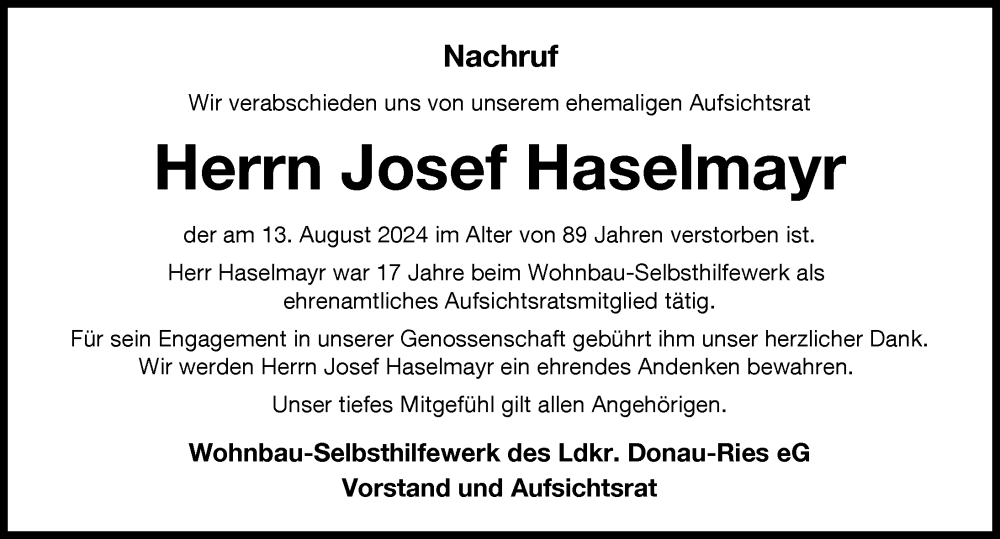 Traueranzeige von Josef Haselmayr von Donauwörther Zeitung