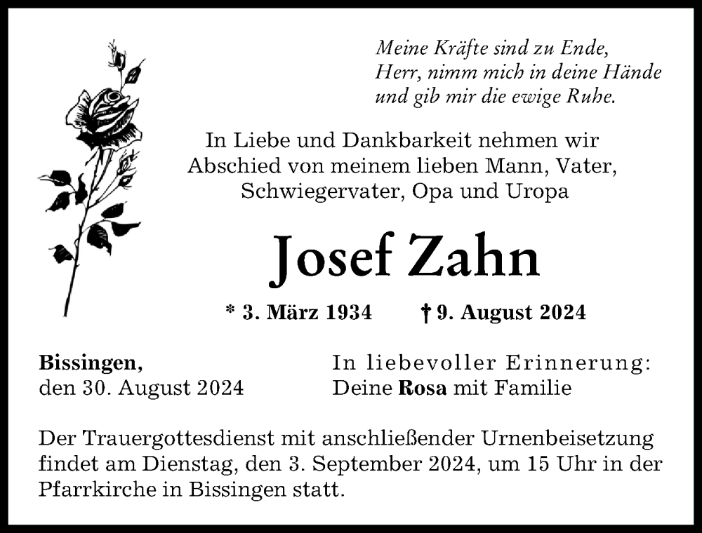 Traueranzeige von Josef Zahn von Donau Zeitung