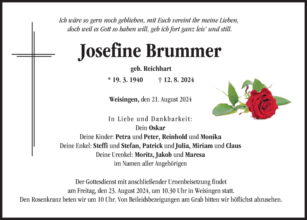 Traueranzeige von Josefine Brummer von Donau Zeitung