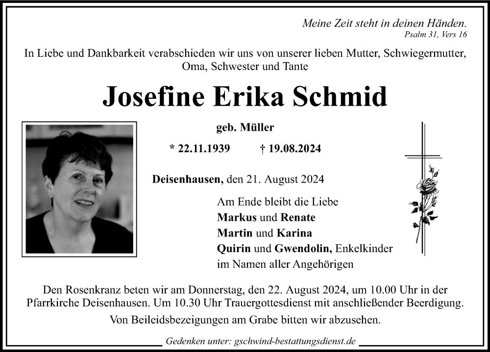 Traueranzeige von Josefine Erika Schmid von Mittelschwäbische Nachrichten