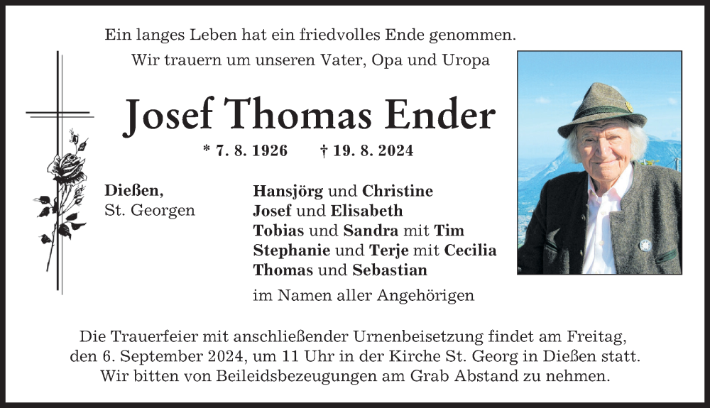 Traueranzeige von Josef Thomas Ender von Ammersee Kurier