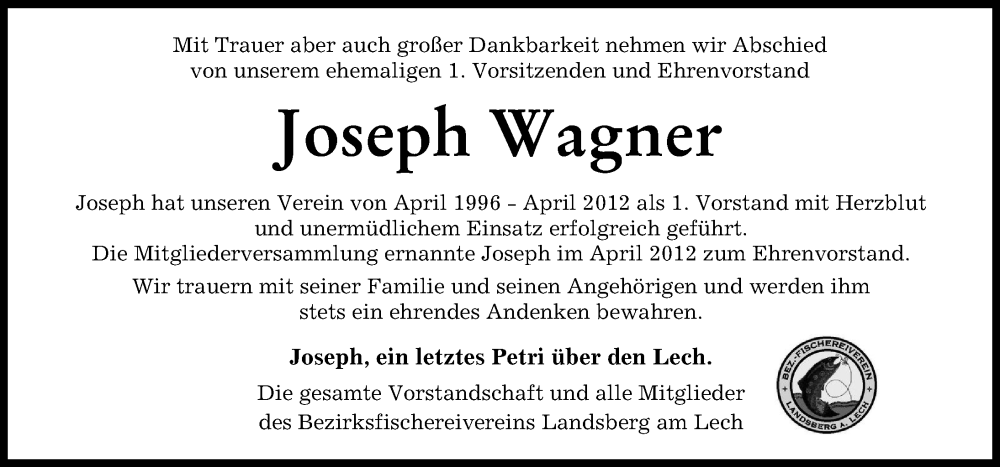 Traueranzeige von Joseph Wagner von Landsberger Tagblatt