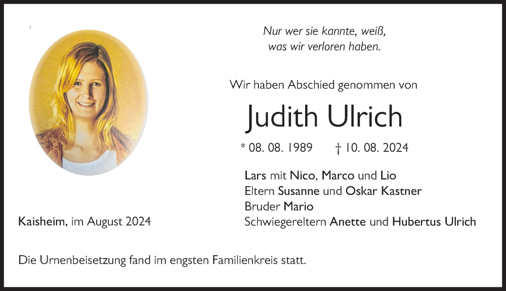  Traueranzeige für Judith Ulrich vom 20.08.2024 aus Donauwörther Zeitung