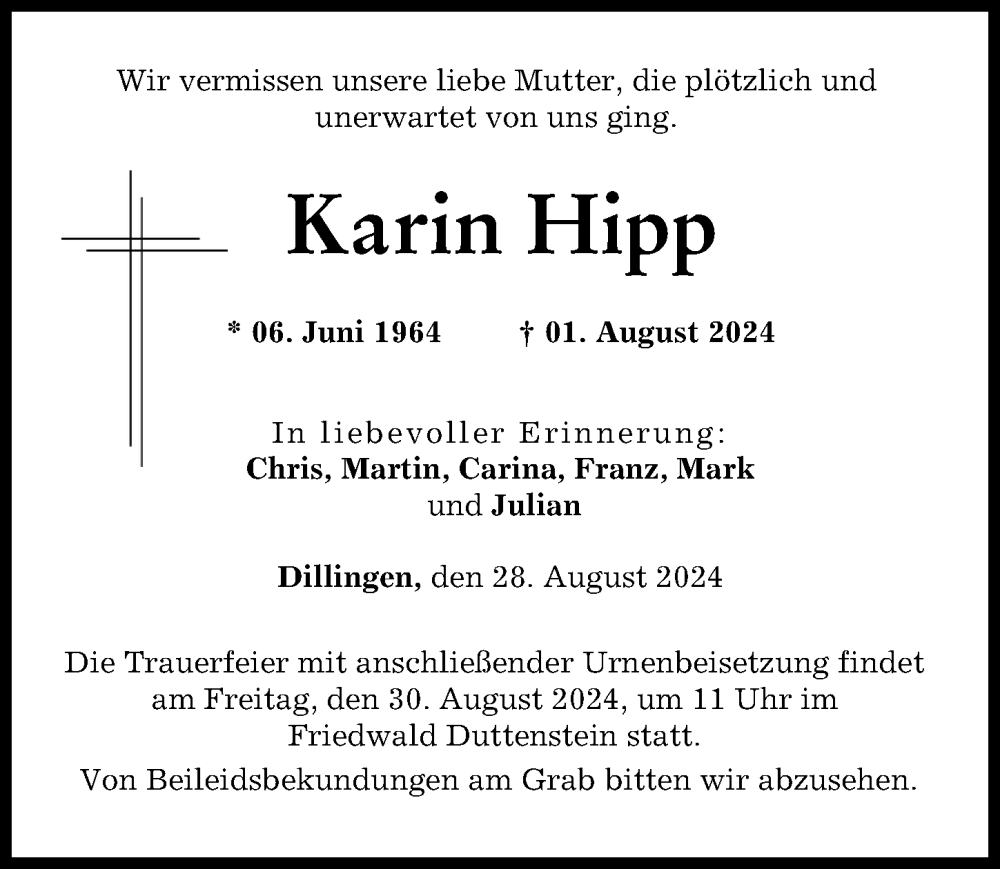 Traueranzeige von Karin Hipp von Donau Zeitung