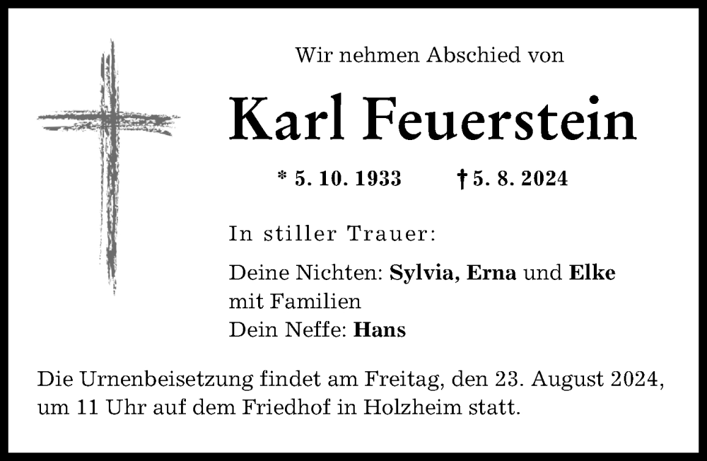 Traueranzeige von Karl Feuerstein von Neu-Ulmer Zeitung